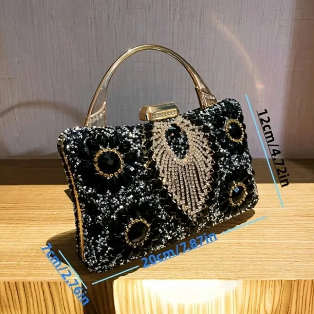Embellished Black Crystal Evening Clutch with Gold Handle